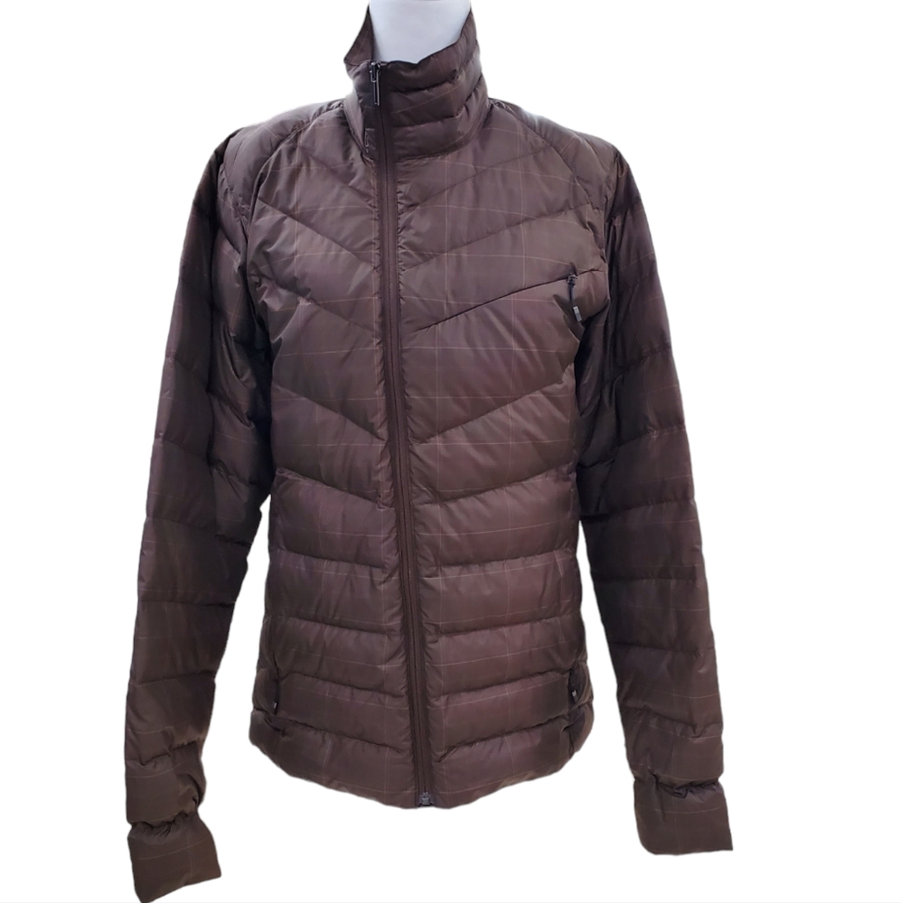 Nau down jacket men's size Medium brown and orange subtle plaid packable puffer